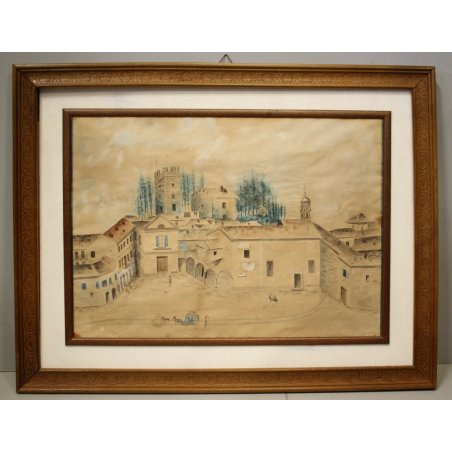 ANTICO QUADRO DISEGNO ACQUERELLO VEDUTA PROSPETTO Invorio Piazza S. Marta 1883 