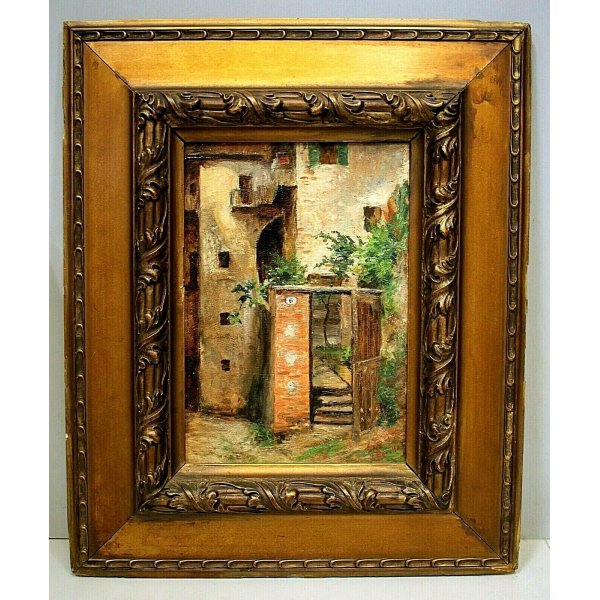 ANTICO QUADRO DIPINTO OLIO PAESAGGIO MONTANO SCORCIO PAESE BORGO Ossola '800