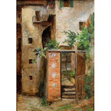 ANTICO QUADRO DIPINTO OLIO PAESAGGIO MONTANO SCORCIO PAESE BORGO Ossola '800