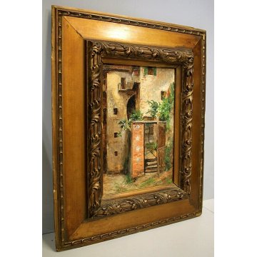 ANTICO QUADRO DIPINTO OLIO PAESAGGIO MONTANO SCORCIO PAESE BORGO Ossola '800