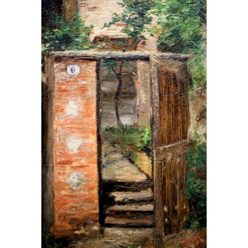 ANTICO QUADRO DIPINTO OLIO PAESAGGIO MONTANO SCORCIO PAESE BORGO Ossola '800