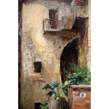 ANTICO QUADRO DIPINTO OLIO PAESAGGIO MONTANO SCORCIO PAESE BORGO Ossola '800