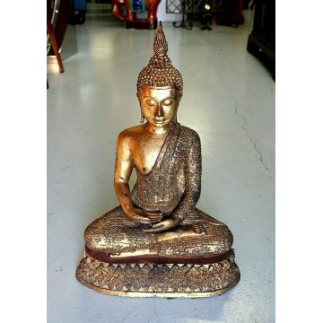 ANTICA STATUA  BUDDHA MUDRA DHYANA MEDITAZIONE TERRACOTTA DORATA Thailandia '900