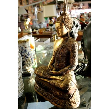 ANTICA STATUA  BUDDHA MUDRA DHYANA MEDITAZIONE TERRACOTTA DORATA Thailandia '900