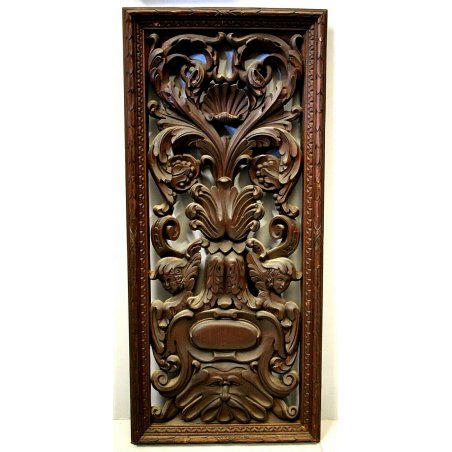 ANTICO FREGIO LEGNO PIOPPO SCOLPITO FORMELLA DECORO FOGLIE VOLUTE PUTTI '800 