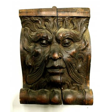 ANTICO FREGIO LEGNO PIOPPO PANNELLO DECORATIVO MASCHERONE SCOLPITO INTAGLIATO  