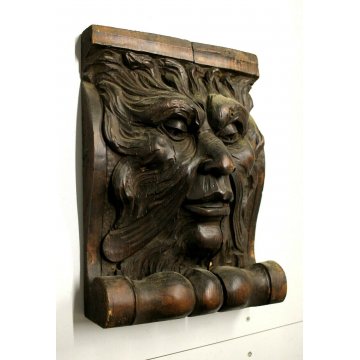 ANTICO FREGIO LEGNO PIOPPO PANNELLO DECORATIVO MASCHERONE SCOLPITO INTAGLIATO  