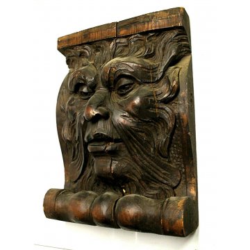 ANTICO FREGIO LEGNO PIOPPO PANNELLO DECORATIVO MASCHERONE SCOLPITO INTAGLIATO  