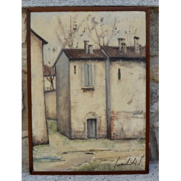 QUADRO LAMBERTO LAMBERTI OLIO MASONITE DIPINTO BERGAMO CASE RURALI (1925-2003)
