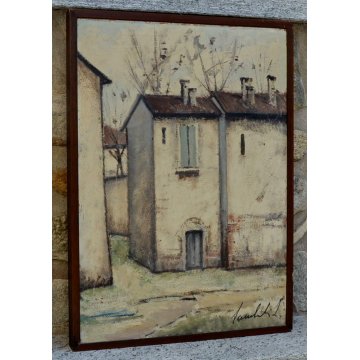 QUADRO LAMBERTO LAMBERTI OLIO MASONITE DIPINTO BERGAMO CASE RURALI (1925-2003)