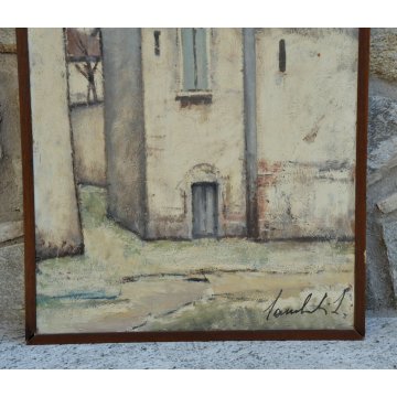 QUADRO LAMBERTO LAMBERTI OLIO MASONITE DIPINTO BERGAMO CASE RURALI (1925-2003)