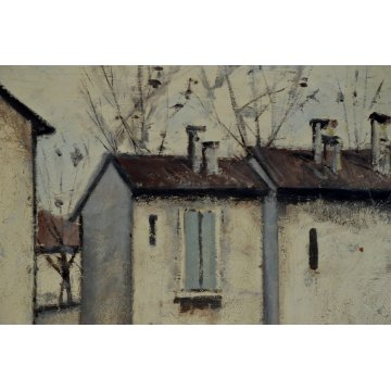 QUADRO LAMBERTO LAMBERTI OLIO MASONITE DIPINTO BERGAMO CASE RURALI (1925-2003)
