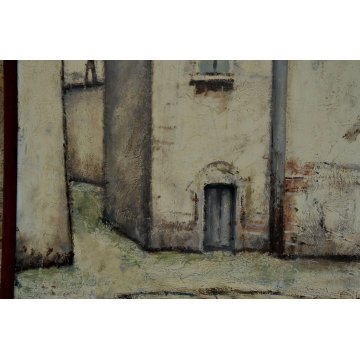 QUADRO LAMBERTO LAMBERTI OLIO MASONITE DIPINTO BERGAMO CASE RURALI (1925-2003)
