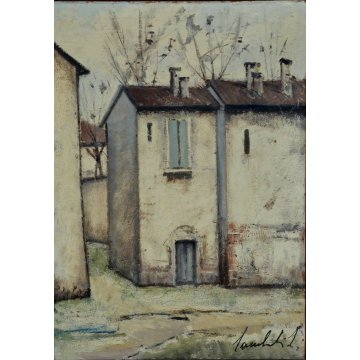 QUADRO LAMBERTO LAMBERTI OLIO MASONITE DIPINTO BERGAMO CASE RURALI (1925-2003)