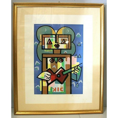 LITOGRAFIA STAMPA MULTIPLO COLORE 3/120 Ibrahim Kodra "Suonatore" ASTRATTO '900