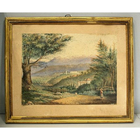 ANTICO QUADRO DISEGNO ACQUERELLO PAESAGGIO VEDUTA NATURALISTICA CORNICE '800
