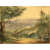ANTICO QUADRO DISEGNO ACQUERELLO PAESAGGIO VEDUTA NATURALISTICA CORNICE '800