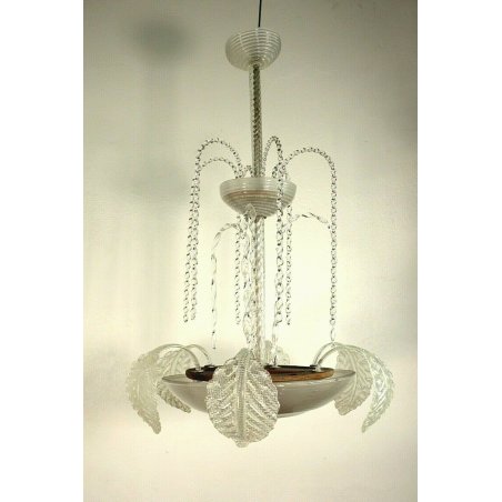 LAMPADARIO VETRO D'ARTE MURANO TRASPARENTE PAGLIUZZE ORO FOGLIE D'ACANTO 3 LUMI