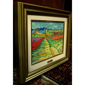 PICCOLO QUADRO Cozzi 1980 IPERCROMATISMO ACRILICO ASTRATTO STRADA DI MONTAGNA 