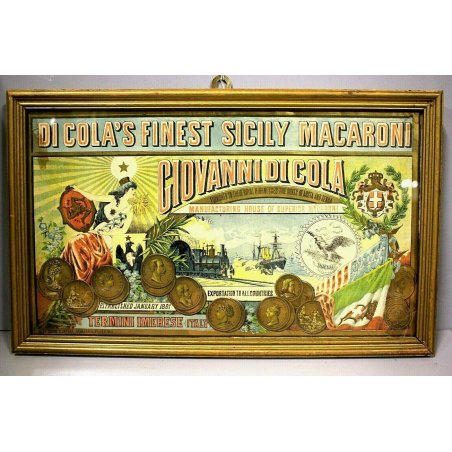 MANIFESTO PUBBLICITARIO LITOGRAFIA COLORI Di Cola's Finest Sicily Macaroni '800