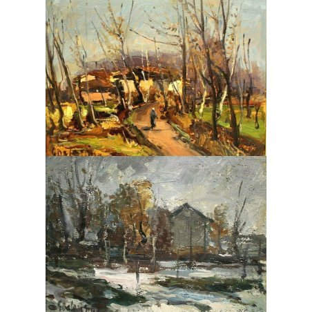 COPPIA QUADRO DIPINTO OLIO Giovanni Balansino CAMPAGNA LOMBARDA - NEVICATA 1968