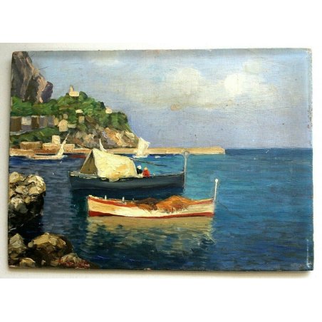 ANTICO PICCOLO QUADRO DIPINTO OLIO ATTR Oscar Ghiglia MARINA BARCHE TOSCANA '900