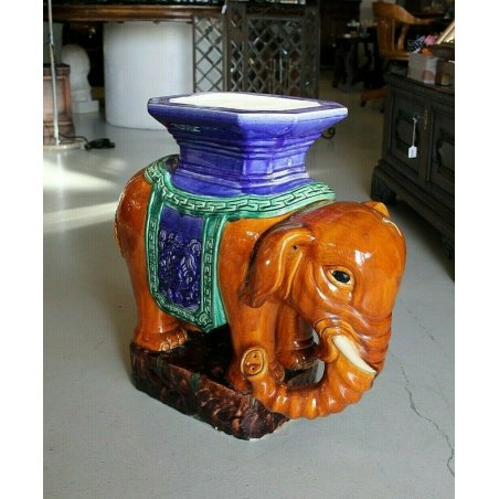 STATUA PORTAVASO VINTAGE ELEFANTE ASIATICO CERAMICA POLICROMA 56x27x55cm/h '900