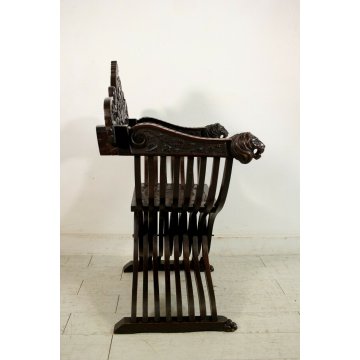 ANTICA SEDIA DANTESCA SAVONAROLA NOCE SCURO MASSELLO SCOLPITO LEONI GIGLIO '800 