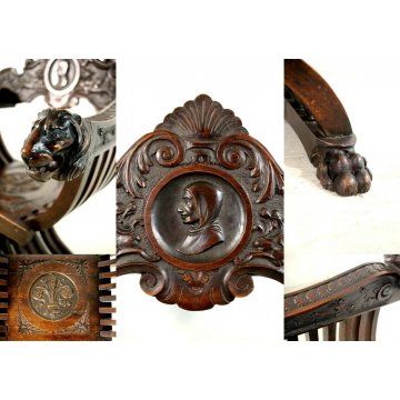 ANTICA SEDIA DANTESCA SAVONAROLA NOCE SCURO MASSELLO SCOLPITO LEONI GIGLIO '800 