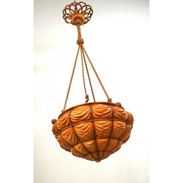 ANTICO LAMPADARIO SOSPENSIONE ART DECO' CORDA VASCA VETRO PRESSATO ARANCIONE