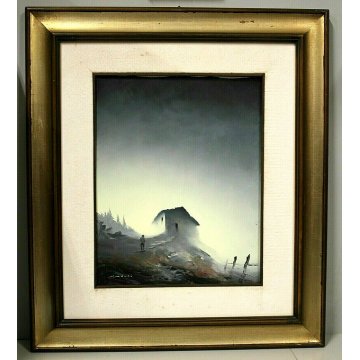 GRANDE QUADRO OLIO TELA N. Mucci PAESAGGIO MONTAGNA con FIGURA NEVE ONIRICO 900