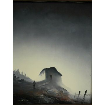 GRANDE QUADRO OLIO TELA N. Mucci PAESAGGIO MONTAGNA con FIGURA NEVE ONIRICO 900