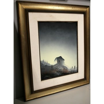 GRANDE QUADRO OLIO TELA N. Mucci PAESAGGIO MONTAGNA con FIGURA NEVE ONIRICO 900