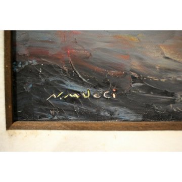 GRANDE QUADRO OLIO TELA N. Mucci PAESAGGIO MONTAGNA con FIGURA NEVE ONIRICO 900