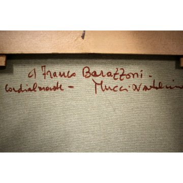 GRANDE QUADRO OLIO TELA N. Mucci PAESAGGIO MONTAGNA con FIGURA NEVE ONIRICO 900