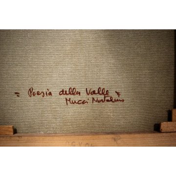 GRANDE QUADRO OLIO TELA N. Mucci PAESAGGIO MONTAGNA con FIGURA NEVE ONIRICO 900