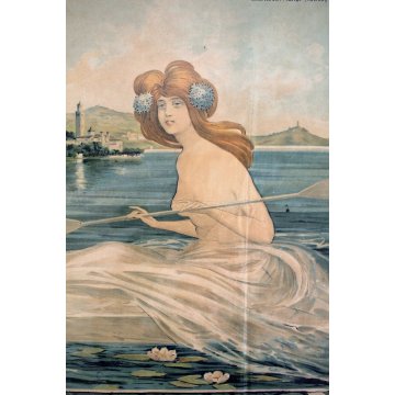 ANTICO MANIFESTO PUBBLICITARIO LIBERTY LAGO D'ORTA  R.Rowing Club Italiano 1909