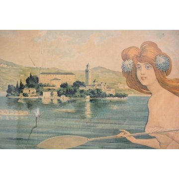 ANTICO MANIFESTO PUBBLICITARIO LIBERTY LAGO D'ORTA  R.Rowing Club Italiano 1909