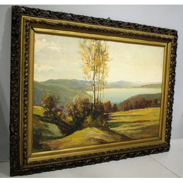 ANTICO QUADRO DIPINTO OLIO G. Bonacina PAESAGGIO MONTAGNA COLLINE Lago d'Iseo 