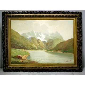 ANTICO QUADRO DIPINTO OLIO G.Bonacina PAESAGGIO MONTE Pontresina e Laghetto '900