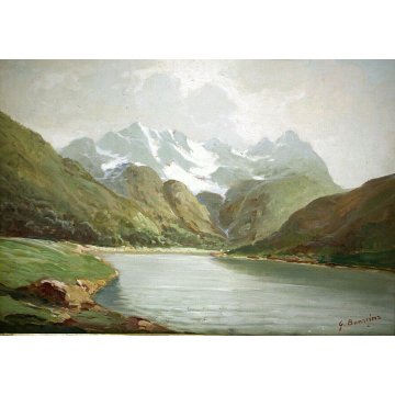 ANTICO QUADRO DIPINTO OLIO G.Bonacina PAESAGGIO MONTE Pontresina e Laghetto '900