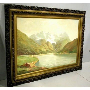 ANTICO QUADRO DIPINTO OLIO G.Bonacina PAESAGGIO MONTE Pontresina e Laghetto '900