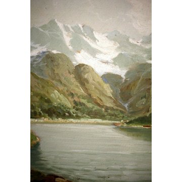 ANTICO QUADRO DIPINTO OLIO G.Bonacina PAESAGGIO MONTE Pontresina e Laghetto '900