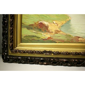 ANTICO QUADRO DIPINTO OLIO G.Bonacina PAESAGGIO MONTE Pontresina e Laghetto '900