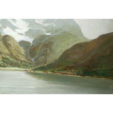 ANTICO QUADRO DIPINTO OLIO G.Bonacina PAESAGGIO MONTE Pontresina e Laghetto '900
