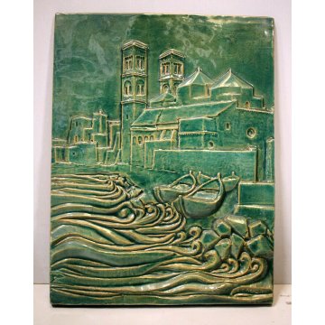 PANNELLO CERAMICA SMALTATA F. Calzi PLACCA FORMELLA VEDUTA Duomo Molfetta BARI