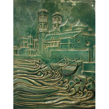 PANNELLO CERAMICA SMALTATA F. Calzi PLACCA FORMELLA VEDUTA Duomo Molfetta BARI