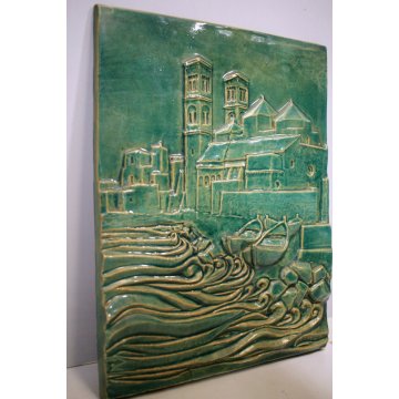 PANNELLO CERAMICA SMALTATA F. Calzi PLACCA FORMELLA VEDUTA Duomo Molfetta BARI