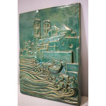 PANNELLO CERAMICA SMALTATA F. Calzi PLACCA FORMELLA VEDUTA Duomo Molfetta BARI