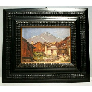 ANTICO PICCOLO QUADRO OLIO G. Pagliarini PAESAGGIO MONTANO BORGO GUILLOCHE' '800